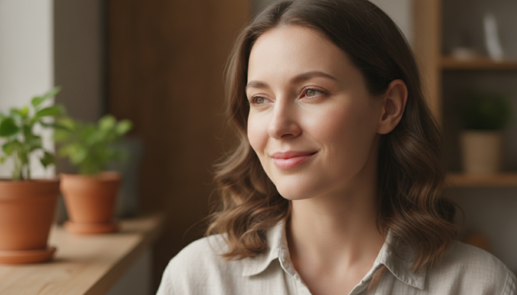A woman with a bright refreshed under-eye area smiling softly with a subtle glow