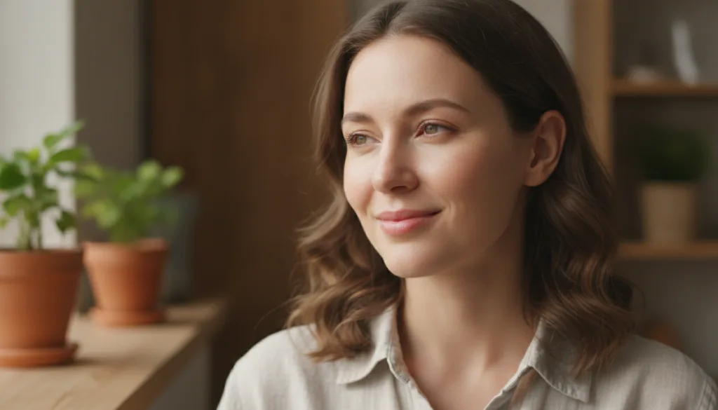 A woman with a bright refreshed under-eye area smiling softly with a subtle glow