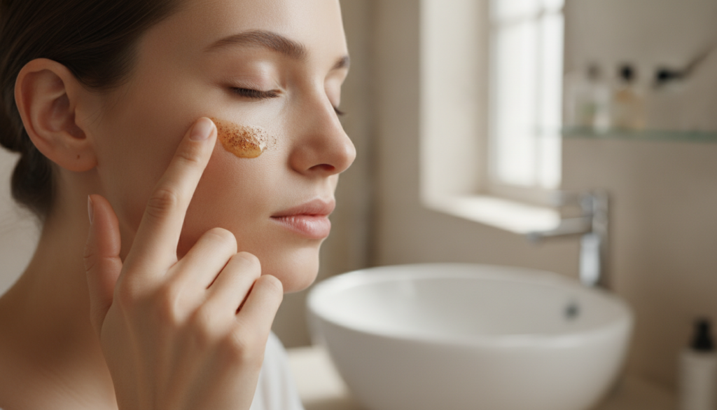 A person gently applying the baby oil and coffee mixture to their under-eye area with a fingertip