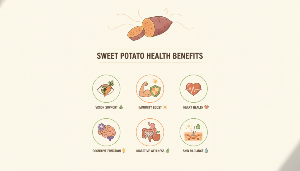 An infographic showing different health benefits of sweet potatoes immune support eye health digestion heart health bloo