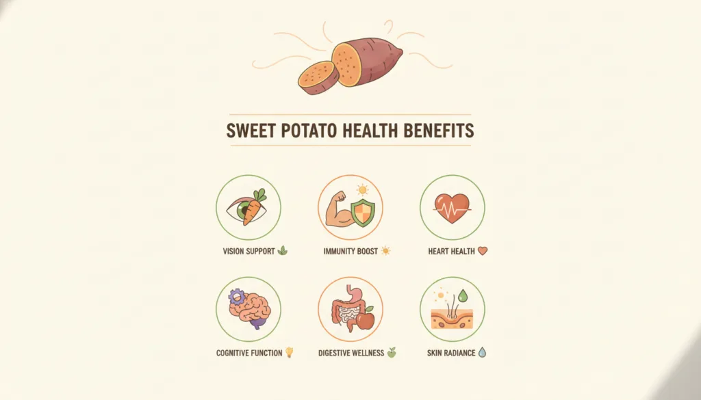 An infographic showing different health benefits of sweet potatoes immune support eye health digestion heart health bloo