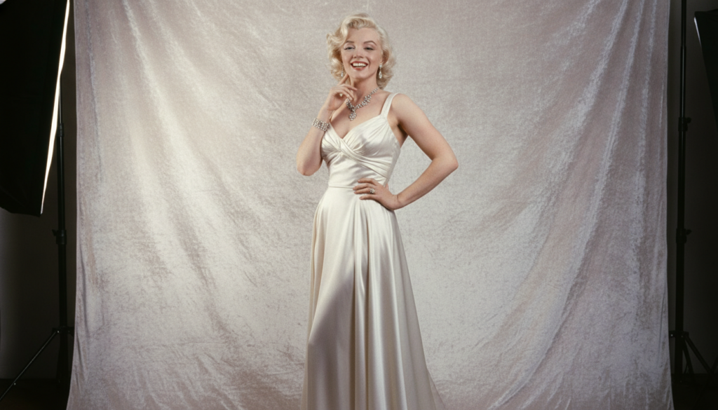 A classic publicity photo of Marilyn Monroe in a glamorous pose with her iconic blonde curls and a dazzling smile dresse