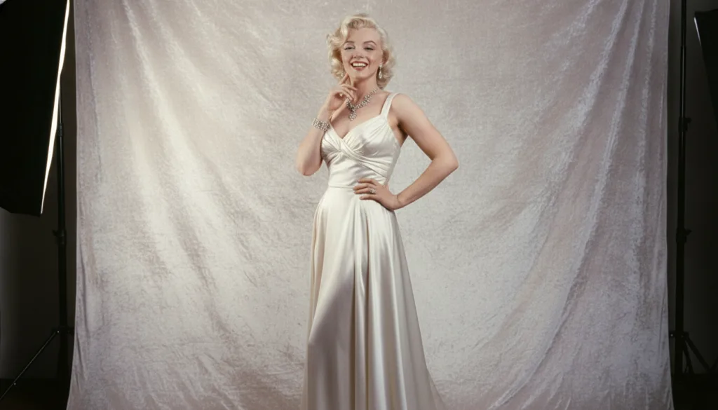 A classic publicity photo of Marilyn Monroe in a glamorous pose with her iconic blonde curls and a dazzling smile dresse