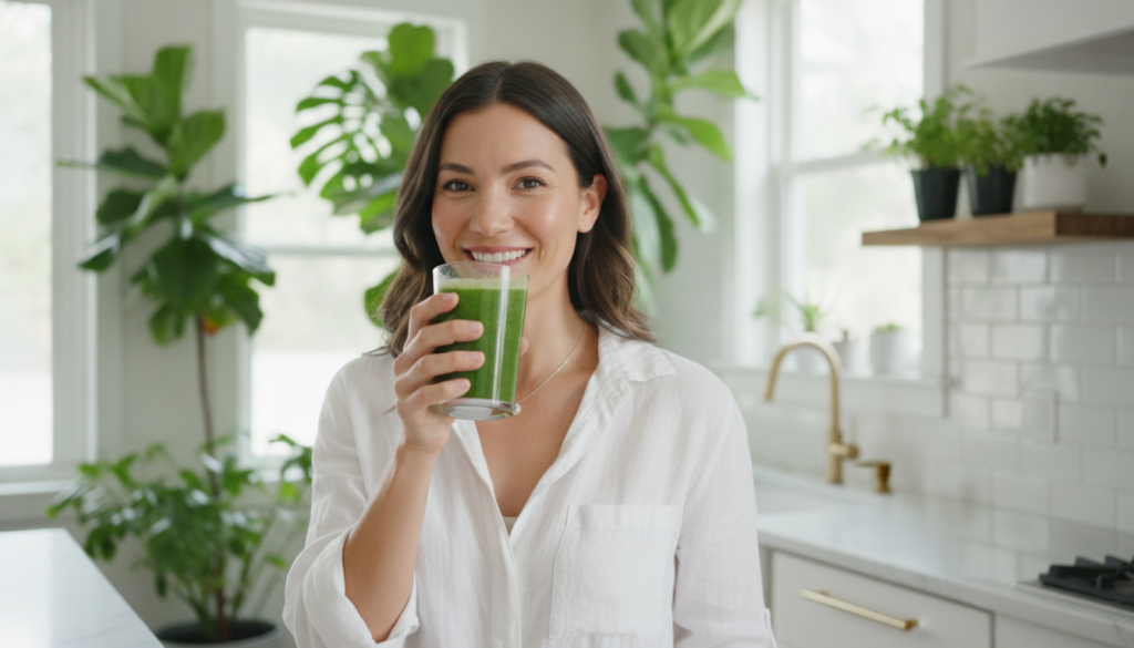A woman smiling and holding a green smoothie looking refreshed and radiant with a backdrop of natural light and greenery