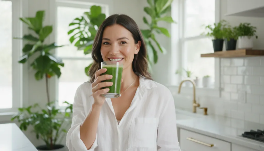 A woman smiling and holding a green smoothie looking refreshed and radiant with a backdrop of natural light and greenery