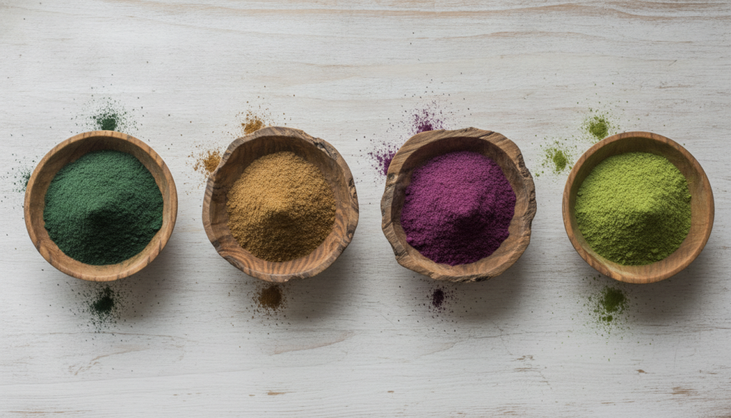 A collection of small bowls filled with different colorful botanical powders like spirulina moringa acai and matcha arra