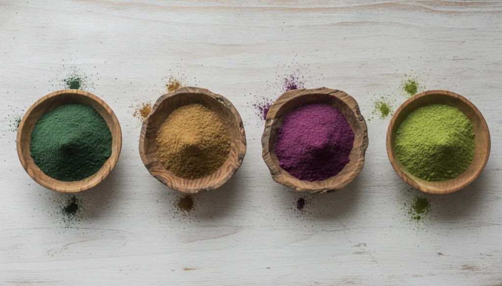 A collection of small bowls filled with different colorful botanical powders like spirulina moringa acai and matcha arra