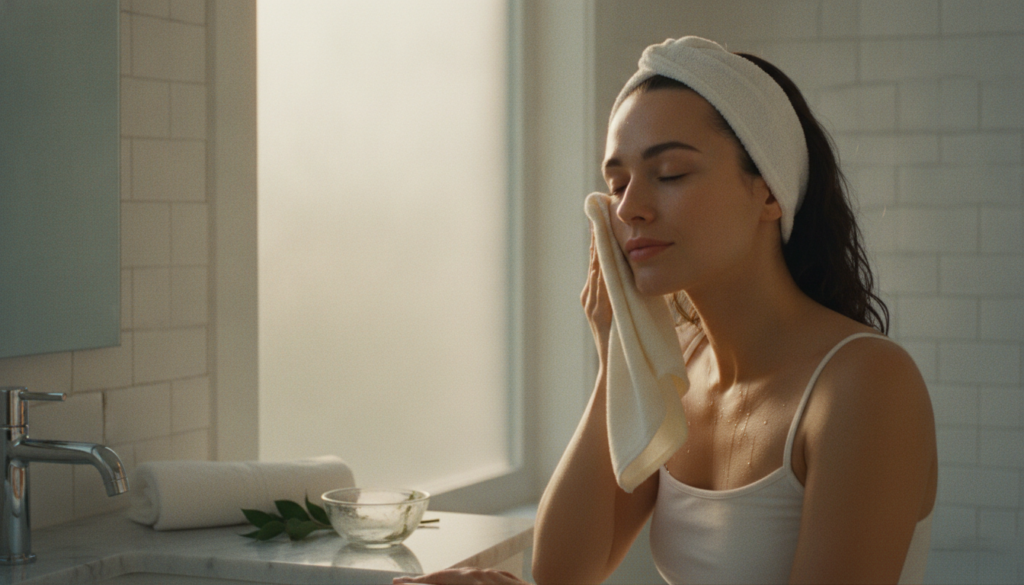 A woman gently rinsing her face with warm water and a soft damp cloth after using the Vaseline and honey mask