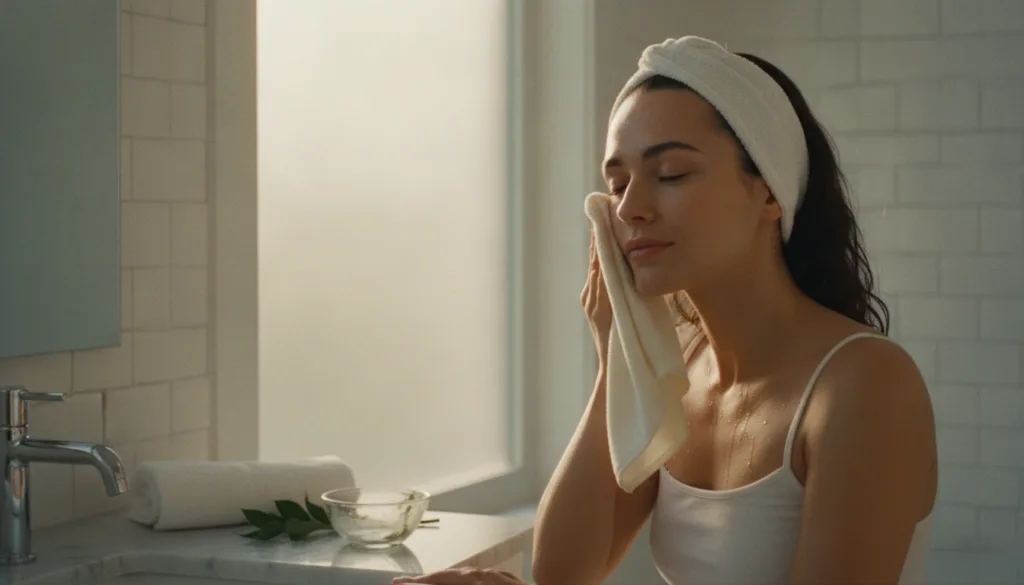 A woman gently rinsing her face with warm water and a soft damp cloth after using the Vaseline and honey mask
