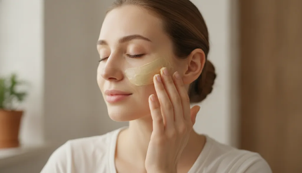 A woman gently applying a thin layer of the Vaseline and honey mask to her clean face with her fingertips