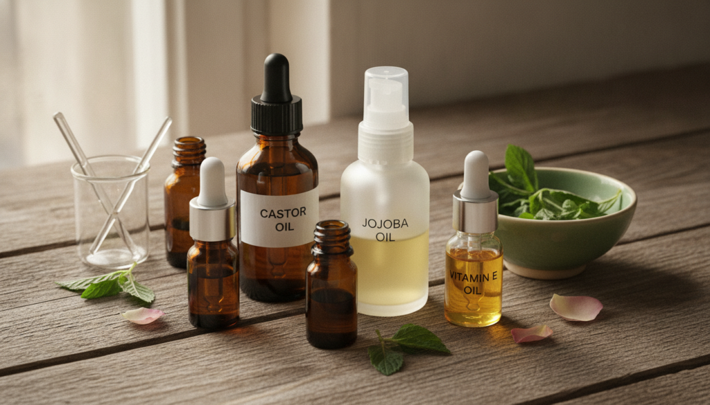 Various small bottles of natural oils like castor oil jojoba oil and vitamin E oil arranged neatly on a wooden surface r