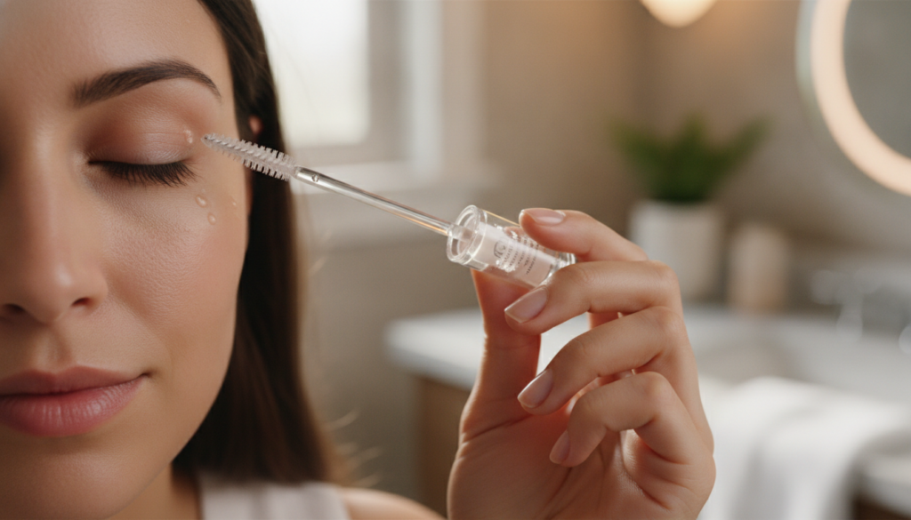 A woman gently applying a clear serum to her eyelashes with a clean mascara wand showing careful technique Her eyes are 