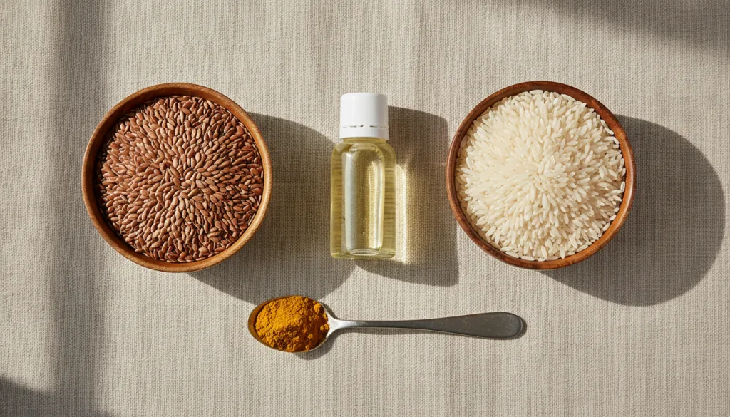 A flat lay of the individual ingredients used in the DIY baby oil a small bottle of baby oil a bowl of whole flaxseeds a
