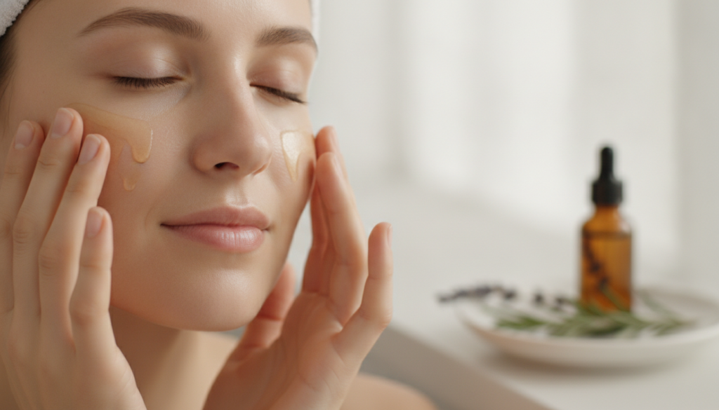 A woman gently massaging a few drops of the infused oil onto her clean face using upward circular motions highlighting t