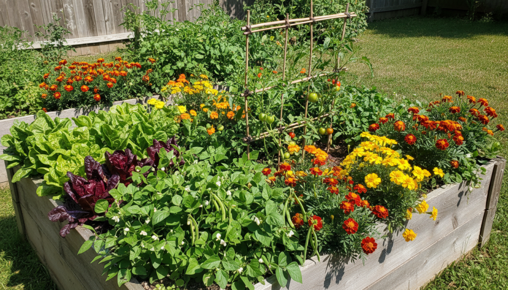 A vibrant mix of vegetables and companion flowers growing harmoniously in a raised garden bed Include leafy greens bush 