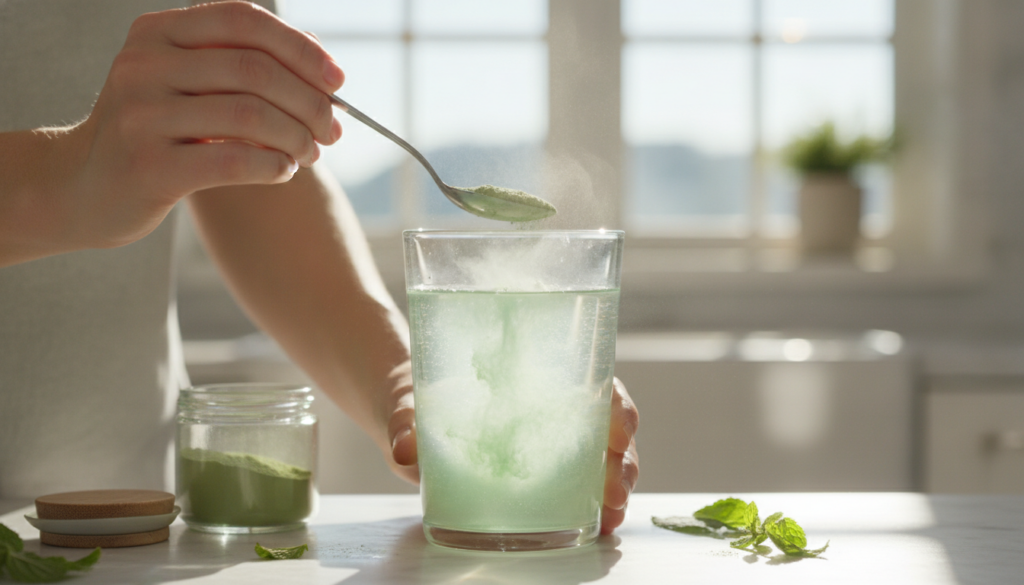 A woman mixing the prepared beauty powder into a glass of water or a smoothie showing the powder dissolving