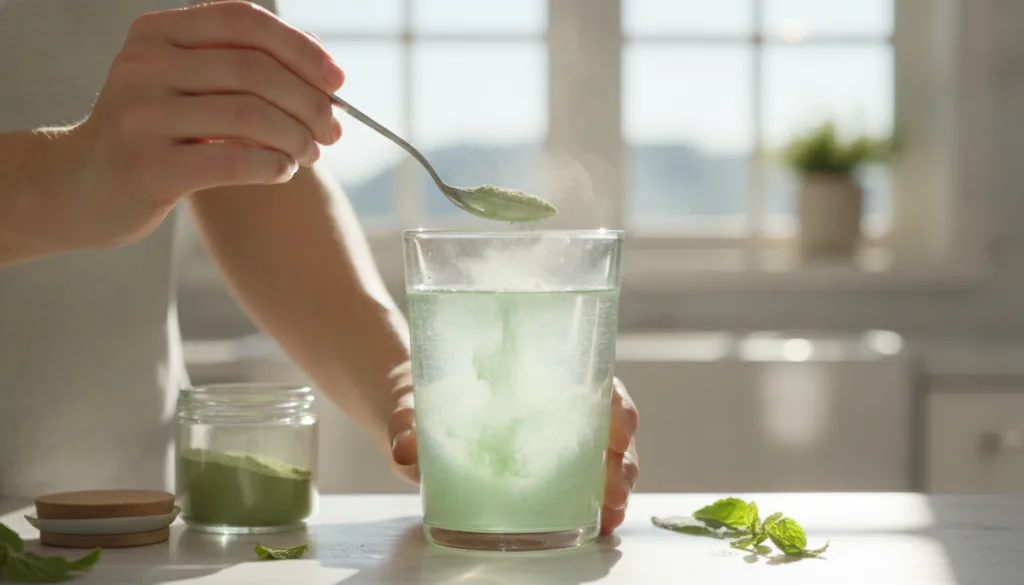 A woman mixing the prepared beauty powder into a glass of water or a smoothie showing the powder dissolving