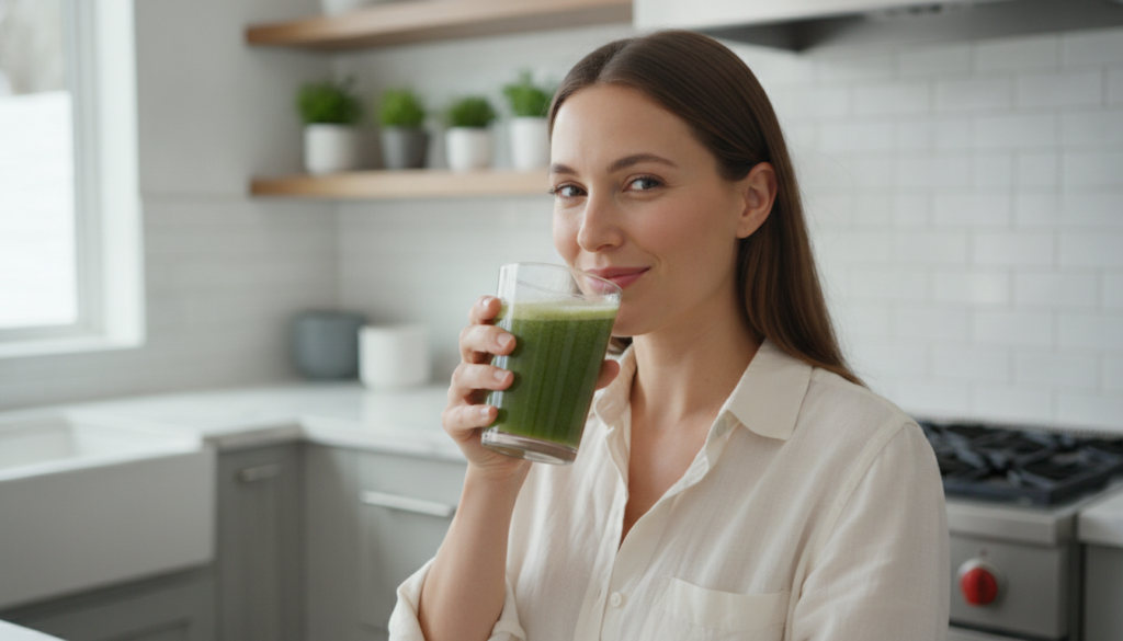 A woman smiling and holding a glass with a green smoothie looking healthy and radiant suggesting the benefits of the dri