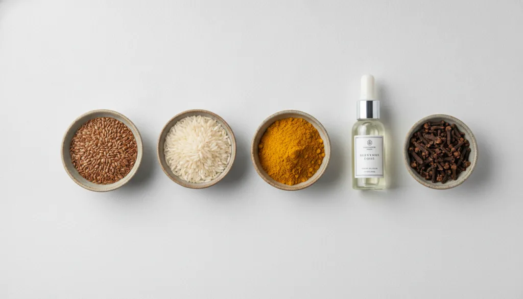 Various natural ingredients laid out on a clean surface a bottle of baby oil a bowl of flaxseeds a small pile of rice gr