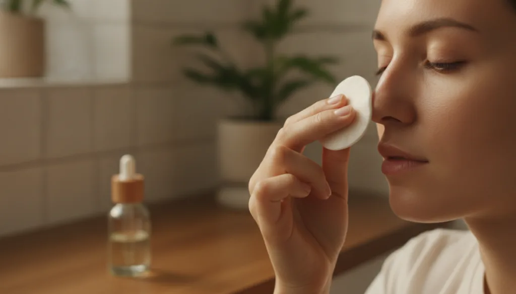 A person gently dabbing a cotton pad soaked with the DIY rosemary lemon toner onto their face specifically around the no