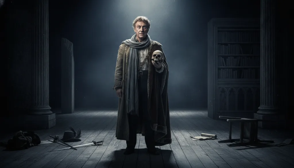 A dramatic portrait of Peter O Toole in a theatrical setting perhaps on a stage conveying his versatility as an actor dr