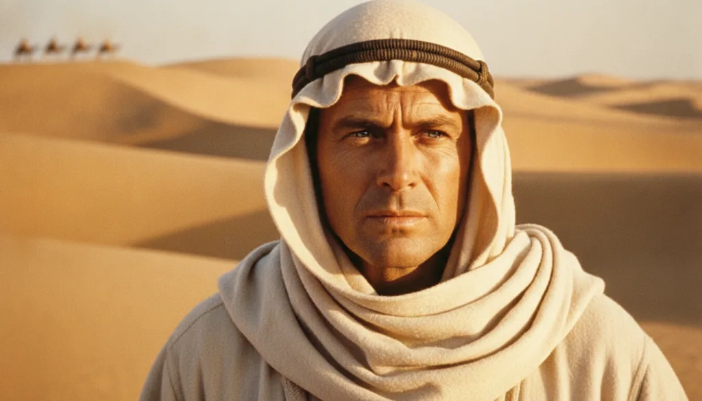Peter O Toole in an iconic scene from Lawrence of Arabia showcasing his intense gaze