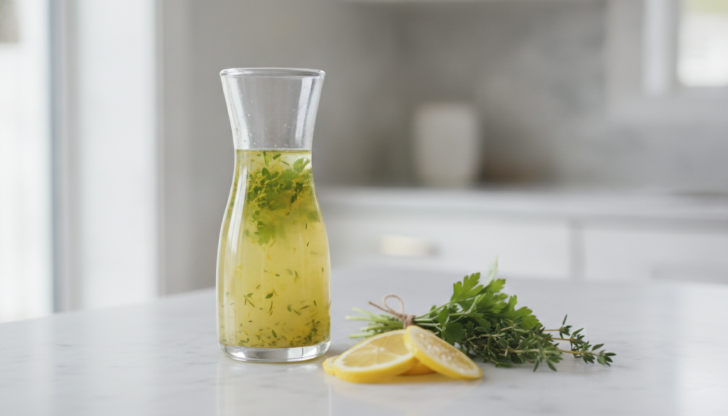 A vibrant lemon herb vinaigrette in a glass cruet with fresh lemon slices and a sprig of parsley and thyme around it on 