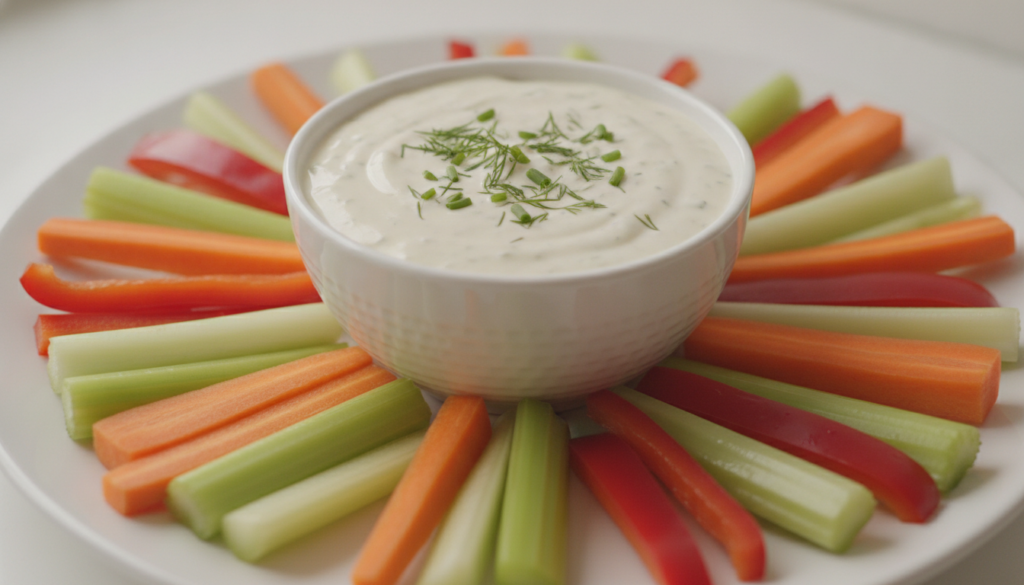A bowl of thick creamy ranch dressing garnished with fresh dill and chives surrounded by colorful vegetable sticks like 