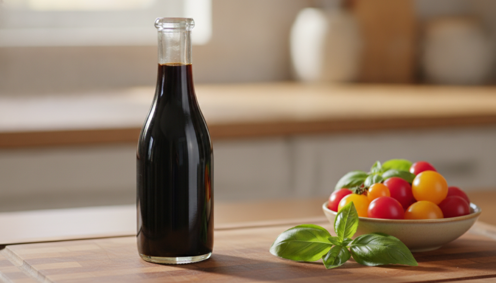 A clear glass bottle filled with rich dark balsamic vinaigrette with a small bowl of cherry tomatoes and basil leaves in