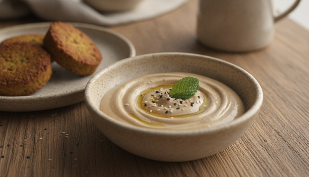 A bowl of creamy light brown tahini dressing drizzled with olive oil garnished with sesame seeds and a fresh mint leaf o