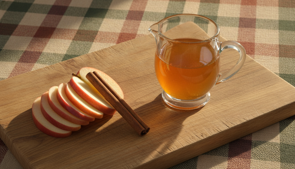 A small pitcher of golden apple cider vinaigrette with sliced apples and a cinnamon stick beside it on a wooden cutting 