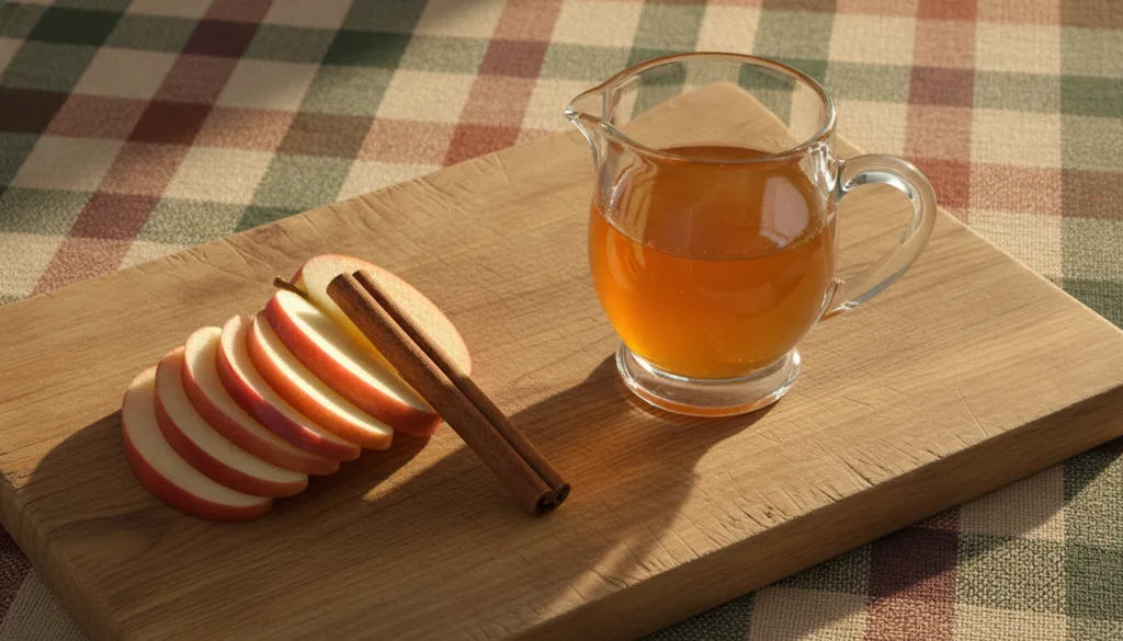 A small pitcher of golden apple cider vinaigrette with sliced apples and a cinnamon stick beside it on a wooden cutting 