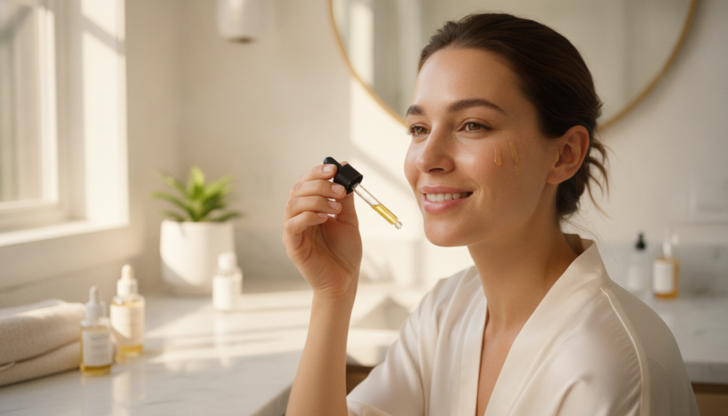 A woman gently applying the infused oil to her face showcasing radiant healthy-looking skin