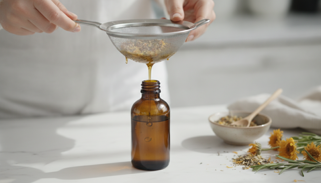 A person straining a golden infused oil into a dark glass bottle using a fine-mesh strainer