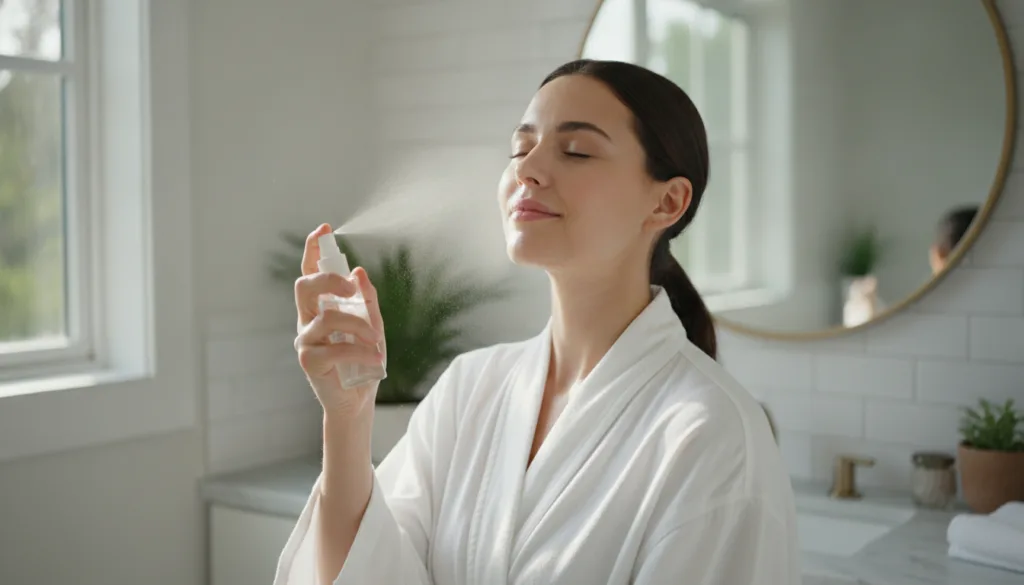 A woman gently misting her face with a fine spray from a glass bottle eyes closed looking refreshed Soft natural light i