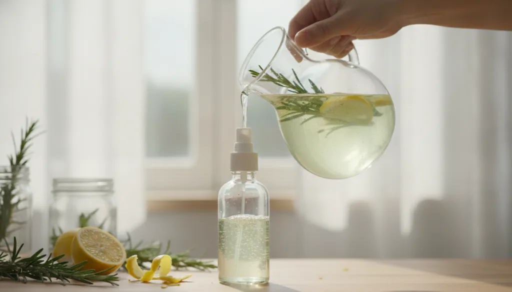 A person s hand pouring the freshly made rosemary and lemon facial spray into a small clear glass spray bottle The liqui