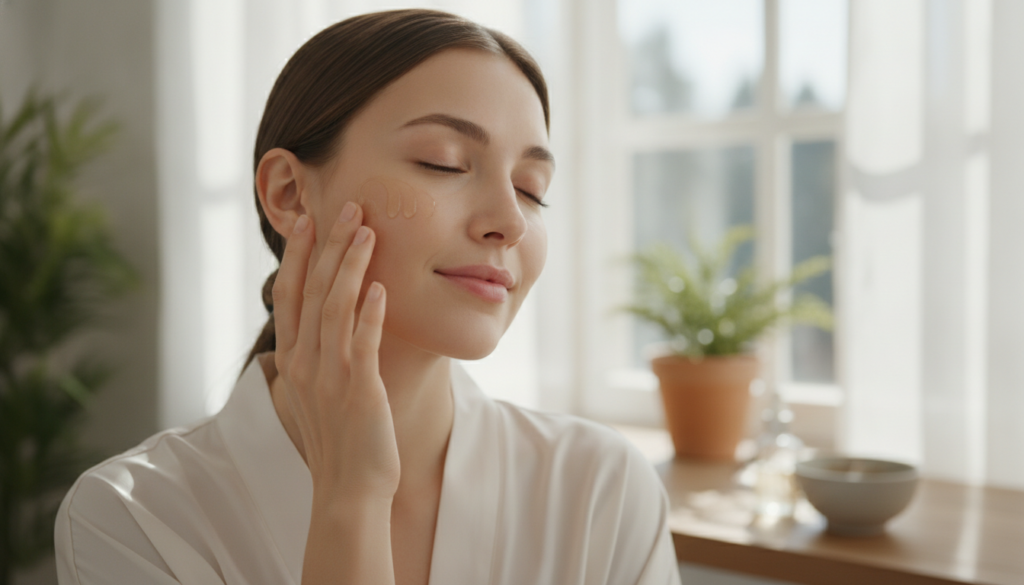 A woman gently massaging a few drops of oil onto her face focusing on her cheek and forehead area Her skin looks soft an