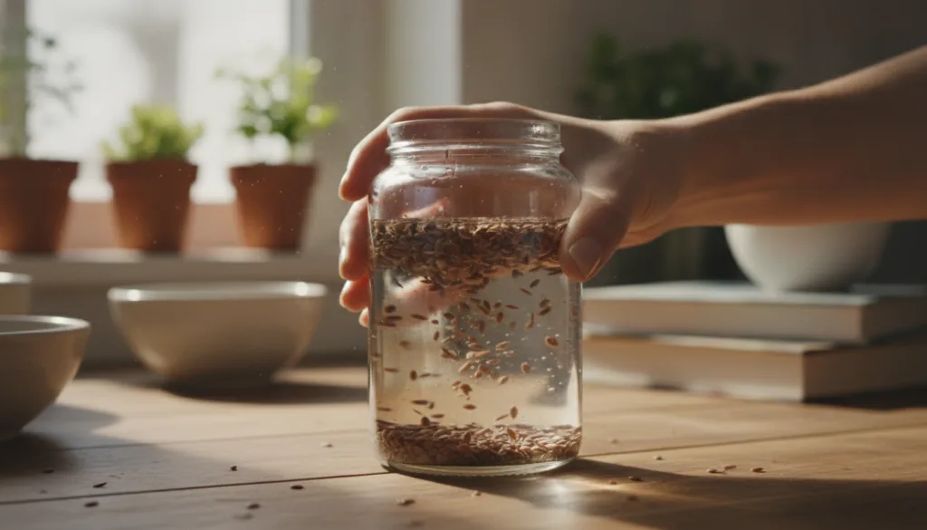 Close-up shot of a clear glass jar containing baby oil and whole flaxseeds with a hand gently shaking it The background 