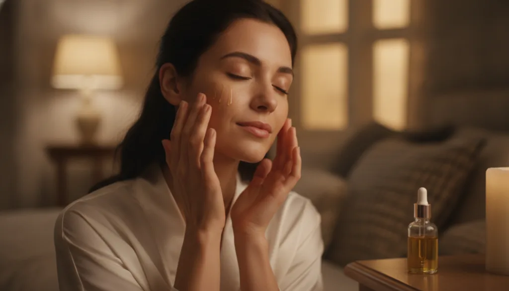 A woman gently massaging glow oil onto her face at night with a soft serene expression in a dimly lit cozy bathroom or b