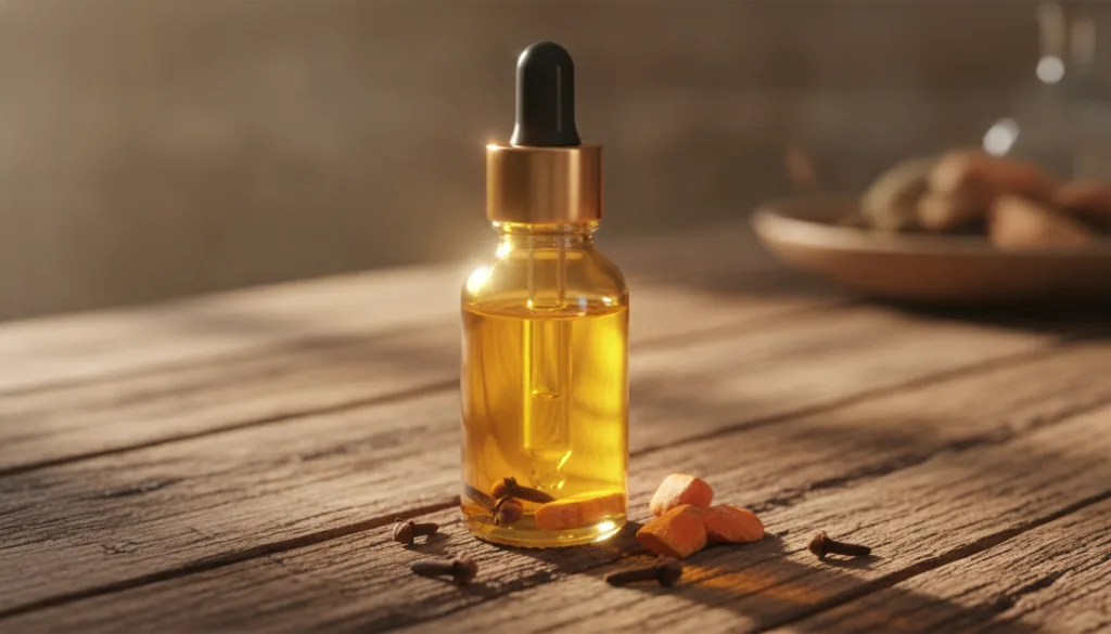 A small amber or clear dropper bottle filled with golden glow oil perhaps with some cloves and turmeric pieces visible i