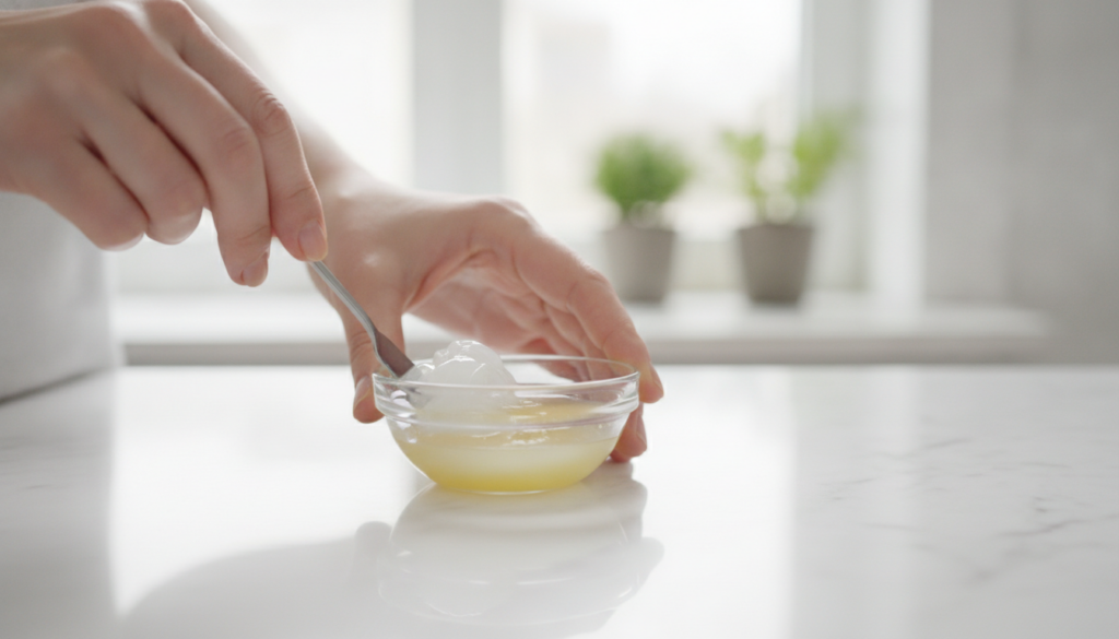 A small glass bowl with Vaseline and a few drops of lemon juice being mixed with a tiny spatula or spoon