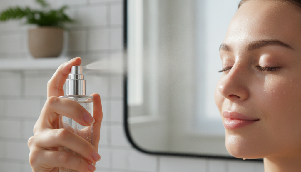 A person s hand holding a small clear spray bottle gently misting their face The skin looks fresh and dewy Soft natural