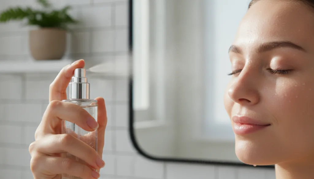 A person s hand holding a small clear spray bottle gently misting their face The skin looks fresh and dewy Soft natural
