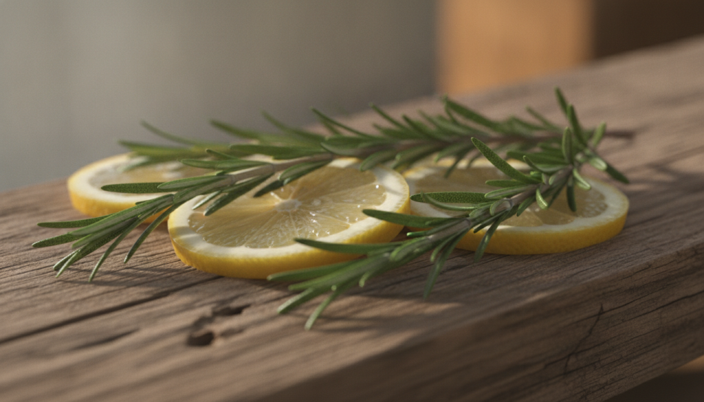 Close-up of fresh rosemary sprigs and bright yellow lemon slices on a rustic wooden surface highlighting the natural ing