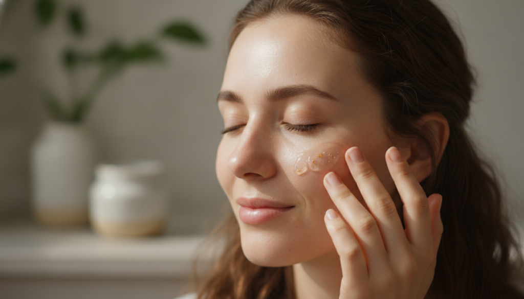 A close-up of a person gently applying the homemade glow gel to their face showcasing smooth radiant skin The gel should