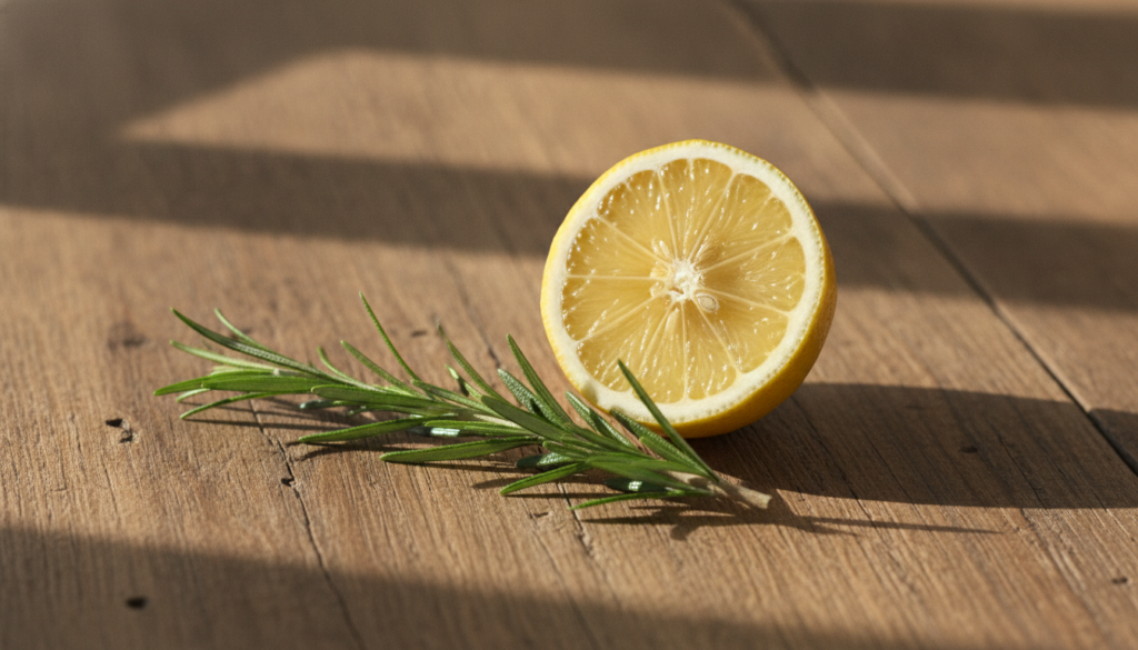 A fresh sprig of rosemary and a halved lemon on a rustic kitchen counter highlighting the natural ingredients