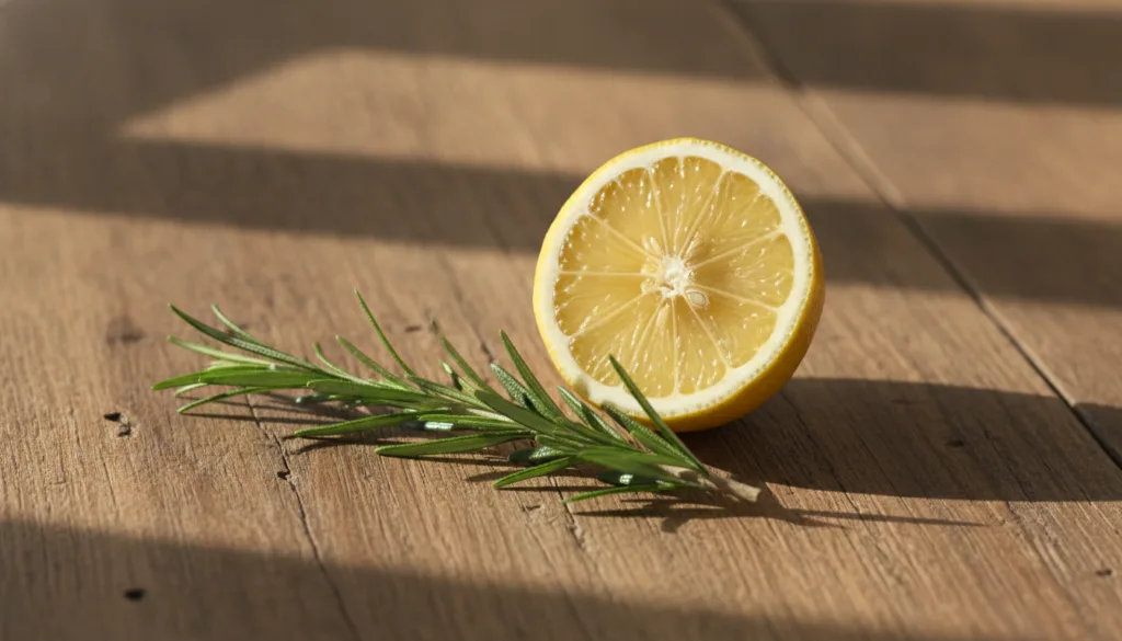 A fresh sprig of rosemary and a halved lemon on a rustic kitchen counter highlighting the natural ingredients