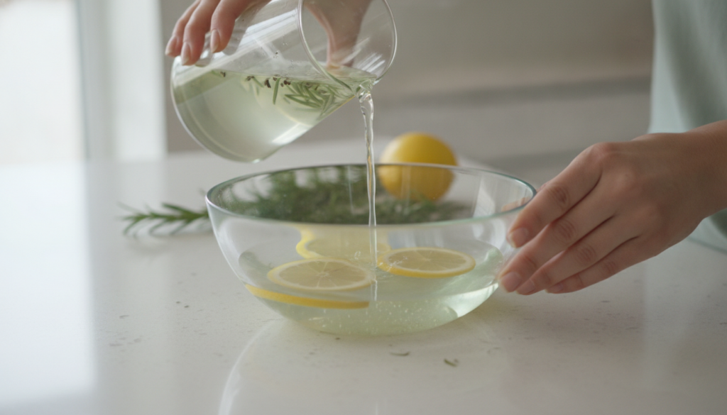 Hands pouring strained rosemary water into a bowl with lemon slices indicating the mixing step of the tonic recipe