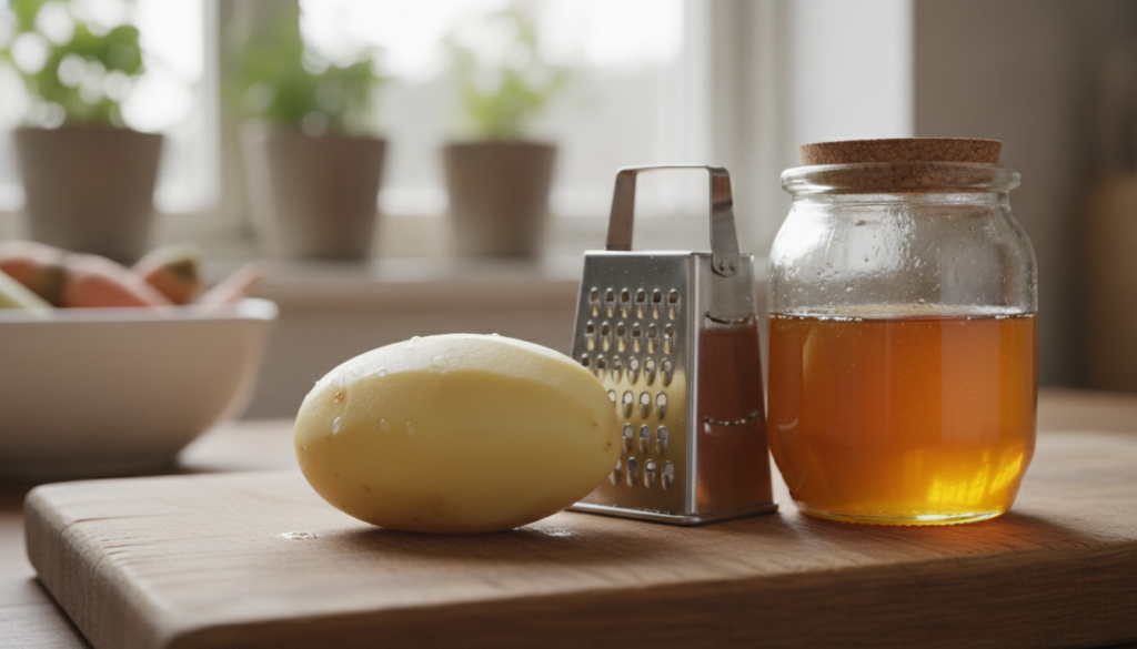 Close-up of a small peeled potato a grater and a jar of honey on a wooden cutting board ready for making a face mask