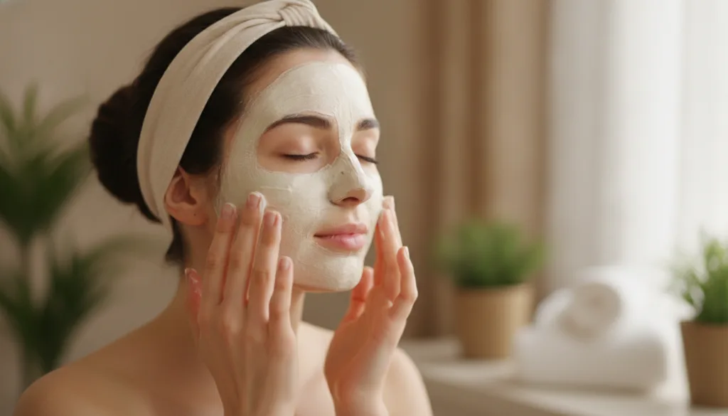 A woman applying a creamy light-colored face mask to her clean skin with her eyes closed in relaxation Her hair is pulle
